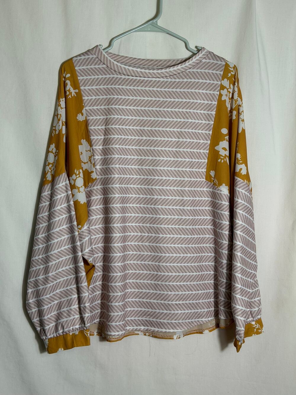 Handmade Boho Mixed Print Blouse Floral Pink Stripe Balloon Sleeve Oversized